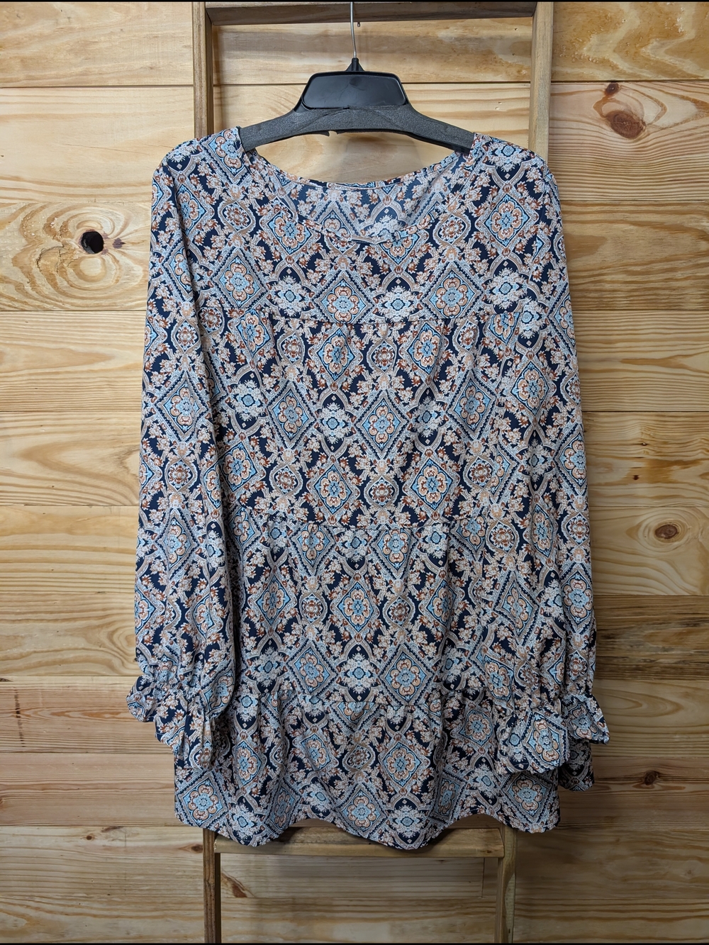 SHEIN 💜 Multicolor Boho Tile Print Blouse - Navy, Light Blue & Tan